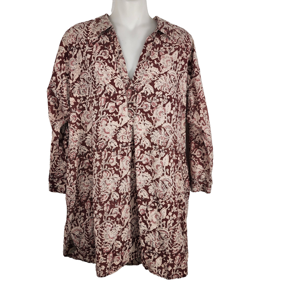 J. Jill Pure Jill Tunic Top Organically Grown Cotton Floral V Neck Pullover M
